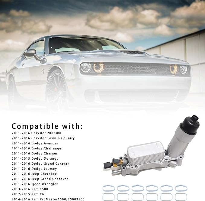 926-959 Aluminum Engine Oil Filter Housing Oil Cooler Kit with Gaskets & Sensors Compatible with 2011-2016 Chrysler Charger Challenger Journey Wrangler Ram Promaster 3.6L (normal)