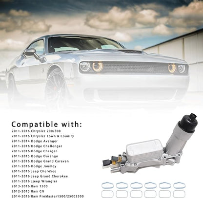 926-959 Aluminum Engine Oil Filter Housing Oil Cooler Kit with Gaskets & Sensors Compatible with 2011-2016 Chrysler Charger Challenger Journey Wrangler Ram Promaster 3.6L (normal)
