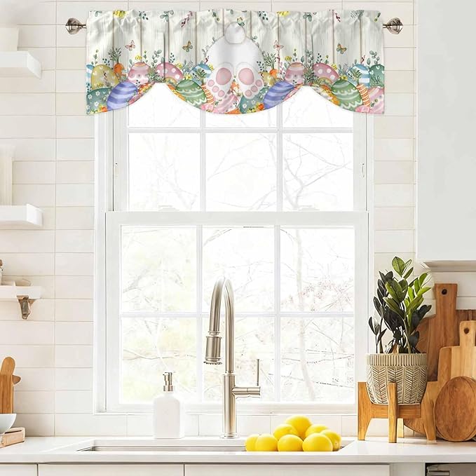 Easter Tie Up Valance Curtains for Windows, Kitchen Curtains Window Shades, Spring Rabbit Ears Foot Colorful Eggs Leaf Floral Light Filtering Roman Curtain Valances for Bedroom/Bathroom/Cafe 60"x18"