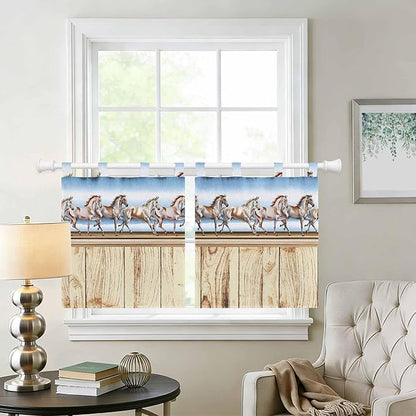 Western Horse Kitchen Curtains 24 Inch Length, Small Window Curtains Tab Top, Farmhouse Wooden Grain Vintage Cowboy Barn Door Light Filtering Short Window Treatments Tier Drapes 27.5"x24" 2 Panel