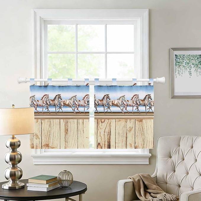 Western Horse Kitchen Curtains 36 Inch Length, Small Window Curtains Tab Top, Farmhouse Wooden Grain Vintage Cowboy Barn Door Light Filtering Short Window Treatments Tier Drapes 27.5"x36" 2 Panel