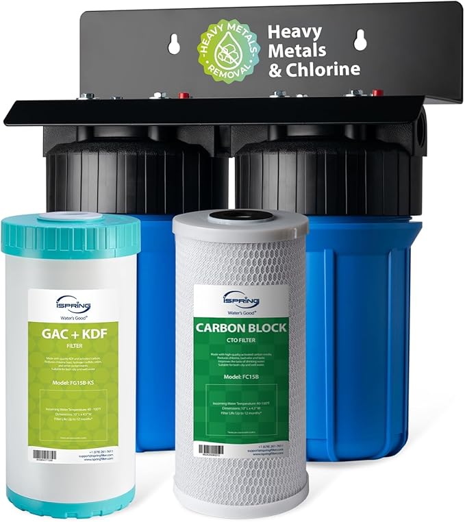 iSpring WGB21B-KS 2-Stage Whole House Water Filtration System with 10" x 4.5" Sediment CTO(Chlorine, Taste and Odor) Filter,KDF+GAC filter, Removes Chlorine, Iron, Lead, Odor and More, 1" Inlet/Outlet