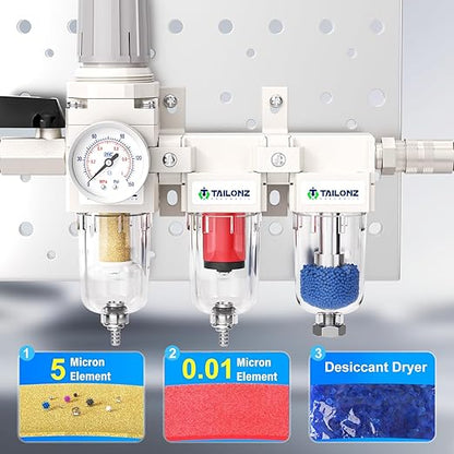 TAILONZ PNEUMATIC 0-150PSI 1/4 Inch NPT Grade 3 Stage Air Drying System, Particulate Filter, 5/0.01 Micron Filter Air Filter Pressure Regulator (Manual Drainage）