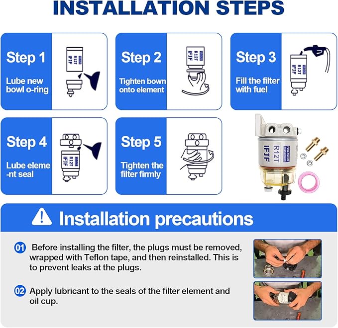 iFJF R12T Fuel Water Separator Marine Assembly - 10 Micron Diesel Engine Filter with 15 GPH Flow Rate - NPT ZG1/4-19 Ports 2 Fittings & 2 Plugs Replaces S3240 120AT 18-7987 for Boat Tractor Skid Steer