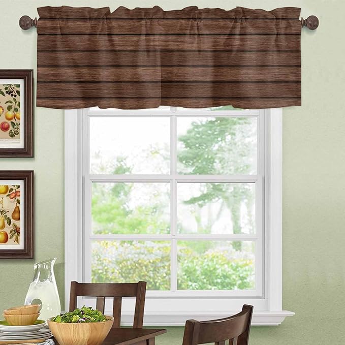 2 Pack Kitchen Valance for Windows, Farm Brown Wood Board Light Filtering Rod Pocket Valances Short Curtain, Vintage Farmhouses Barn Window Curtain for Bedroom Bathroom Living Room 54x18in