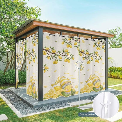 Summer Outdoor Curtains for Patio Lemon Gnome Leaf Linen Texture Waterproof Outside Curtains with Grommet Top Weatherproof Curtain for Cabana Pergola Gazebo, 2 Pack, 54" W x 84" L