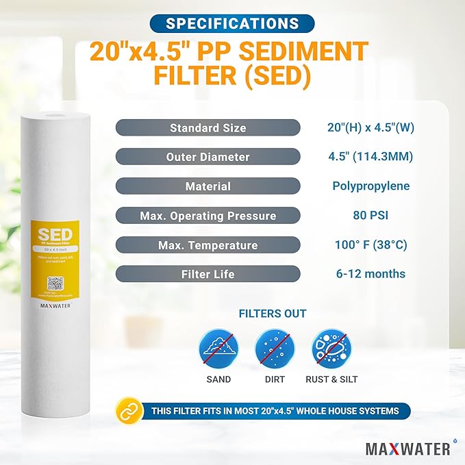 Max Water 5 Micron 20 x 4.5 Sediment Filter 20 inch Whole House BB Water Filtration System Replacement Compatible Cartridge DGD-5005-20, FP25B, AP810-6, FPMB5-20, P5-20, 155358-43, 4-Pack
