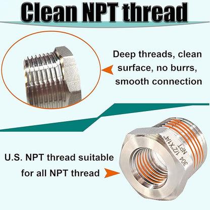 3/4" Male to 3/8" Female NPT Hex Bushing Reducer, 304 Stainless Steel NPT Reducing Adapter Pipe Fitting for Reducing Female Pipe