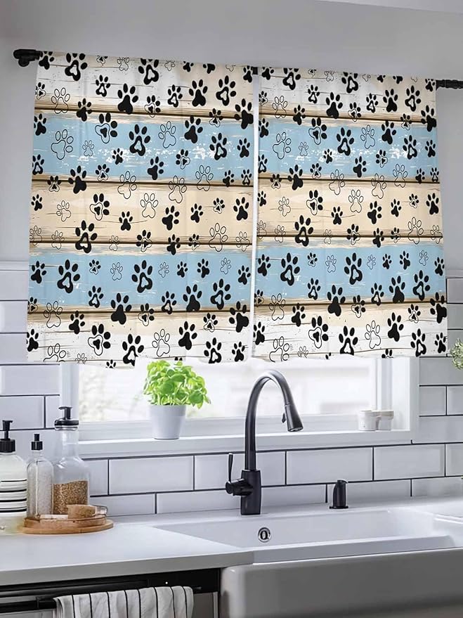 Sheer Curtains 54 Inch Length, Blue Beige Paw Print Semi Sheer Curtains Light Filtering Window Treatment, Vintage Farmhouse Rustic Wooden Grain Privacy Voile Drapes for Living Room Bedroom 52x54 Inch