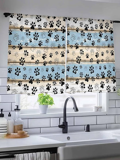 Sheer Curtains 45 Inch Length, Blue Beige Paw Print Semi Sheer Curtains Light Filtering Window Treatment, Vintage Farmhouse Rustic Wooden Grain Privacy Voile Drapes for Living Room Bedroom 52x45 Inch