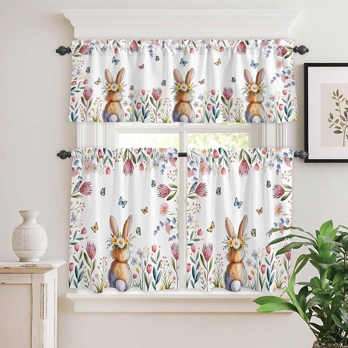 Kitchen Curtains Tiers and Valance Set of 3, Easter Light Filtering Window Curtain Set, Spring Flowers Wreath Rabbit Budding Florals Rod Pocket Curtain Drapes for Cafe, Living Room, 36 Inches Tiers