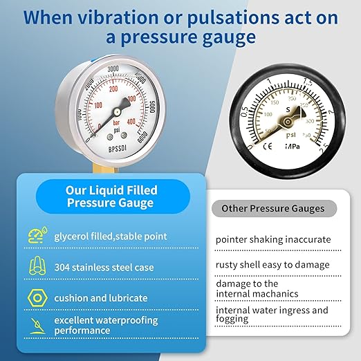 0-6000 Psi Glycerin Liquid Filled Hydraulic High Pressure Gauge, 2.5" Dial Size, 1/4" NPT Lower Mount, 304 Stainless Steel Case, for Water Oil Air Gas Pressure Test