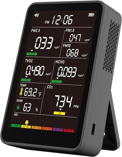 Professional Indoor Air Quality Monitor with AQI, Portable Real-Time Detector for Home Cars Plants and Pets (Black)