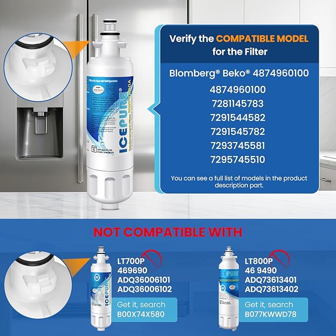 ICEPURE 4874960100 Refrigerator Water Filter Replacement for Blomberg Beko 4874960100 Water Filter, NSF/ANSI 42 certification, Reduces Chlorine Taste & Odor, 3PACK