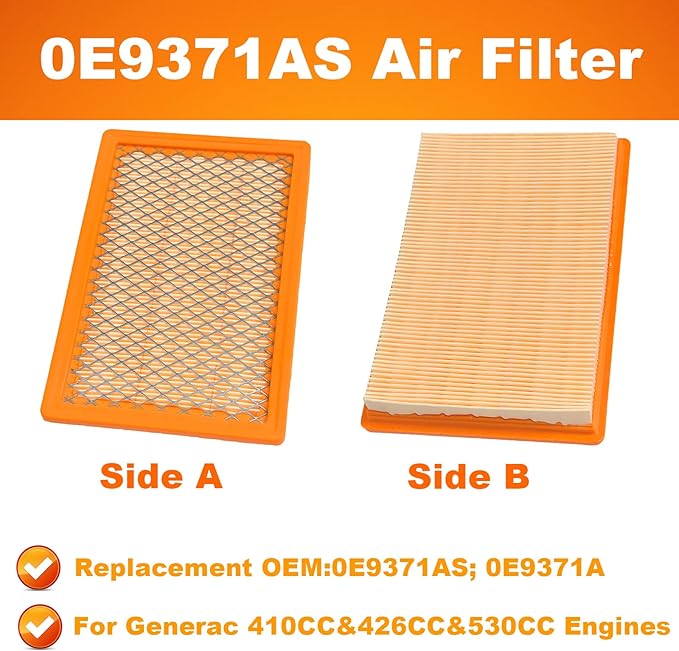 0E9371AS Air Filter for Gene-rac 410cc 530cc 8kW & 11kW Post 2013 Evolution Series V-Twin Engine Generators - 2 Pieces