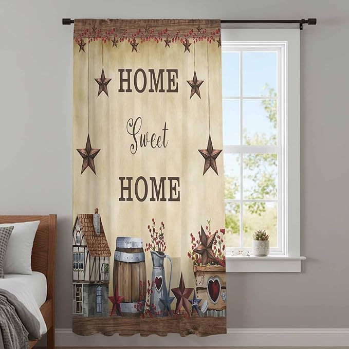 Farm Sheer Curtains 108 Inch Length American Country Barn Star Vintage Berry Brown Chiffon Curtain for Bedroom Living Room Light Filtering Rod Pocket Window Treatments Voile Curtains Drapes for Dining