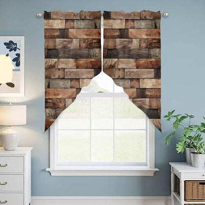 Western Barn Door Swag Valances for Windows, Vintage Farmhouses Wooden Door Brown Rod Pocket Kitchen Curtains Valance, Small Window Curtains Swag for Cafe Bathroom Living Room, 2 Panels, 28x36 inch