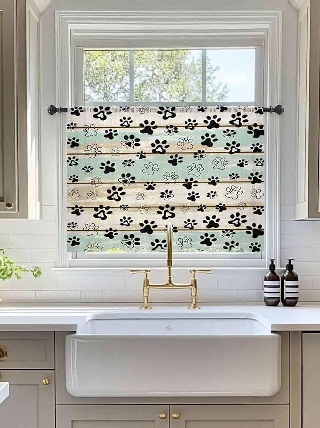 Sheer Curtains 54 Inch Length, Sage Green Beige Farmhouse Semi Sheer Curtains Light Filtering Window Treatment, Black Dog Paw Vintage Wooden Privacy Voile Drapes for Living Room Bedroom 52x54 Inch