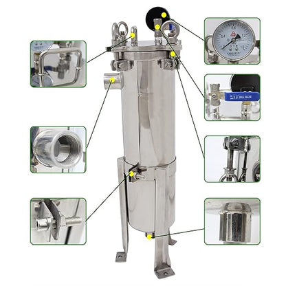 #4 Bag Filter Housing 304 Stainless Steel Filter Solid-Liquid Separation Tool 120PSI Industrial Sock Filter 1" Fnpt in/Out Bag Water Filter Purification Equipment
