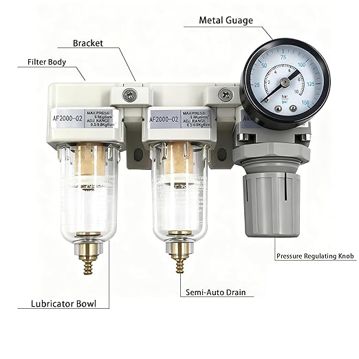 XingNEeng 1/4" NPT Compressed Air Filter Regulator Lubricator (FRL) Combo, Water/Oil Trap Separator, Air Pressure Regulator with Pressure Gauge(0-150 psi), Manual Drain, Poly Bowl, Metal Bracket