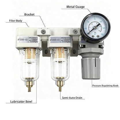 XingNEeng 1/4" NPT Compressed Air Filter Regulator Lubricator (FRL) Combo, Water/Oil Trap Separator, Air Pressure Regulator with Pressure Gauge(0-150 psi), Manual Drain, Poly Bowl, Metal Bracket