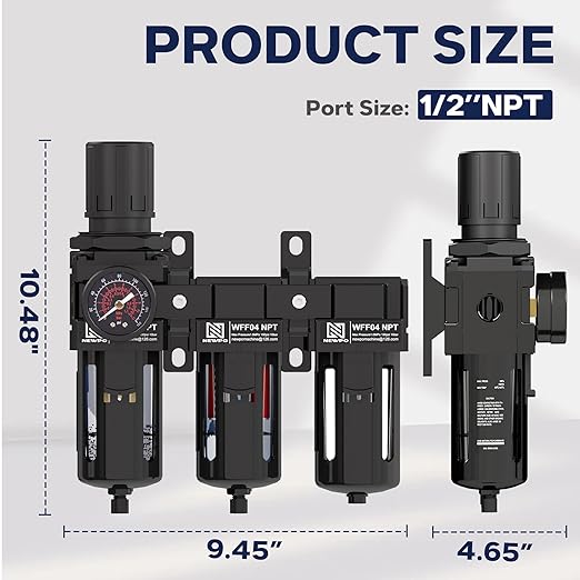 NEWPO 1/2" NPT 3 Stage Air Drying System,Air Dryer for Compressor with 5＆0.01 Micron Filter Cartridge，Desiccant Dryer & Air Regulator, Metal Bowl Semi-Auto Drain