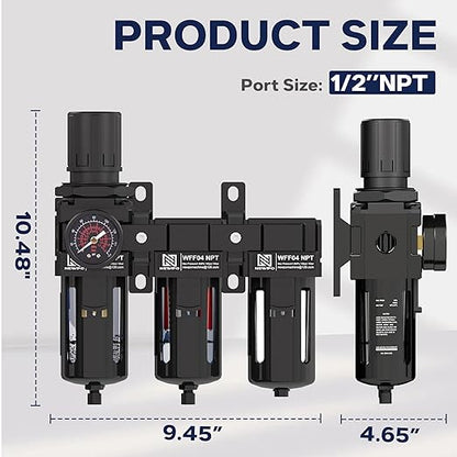 NEWPO 1/2" NPT 3 Stage Air Drying System,Air Dryer for Compressor with 5＆0.01 Micron Filter Cartridge，Desiccant Dryer & Air Regulator, Metal Bowl Semi-Auto Drain