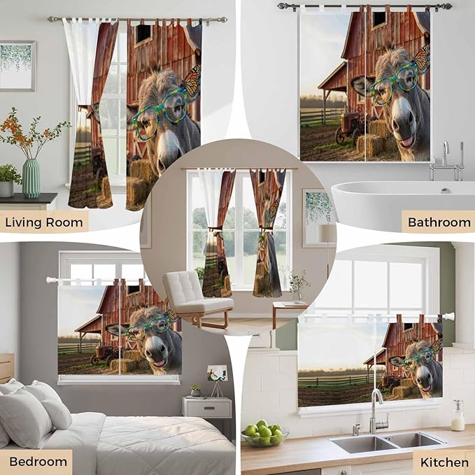 Farm Donkeys Living Room Curtains 84 Inch Length, Window Curtains Tab Top, Farmhouse Barn Funny Animals Butterfly Light Filtering Window Treatments Drapes 52"x84" 2 Panel