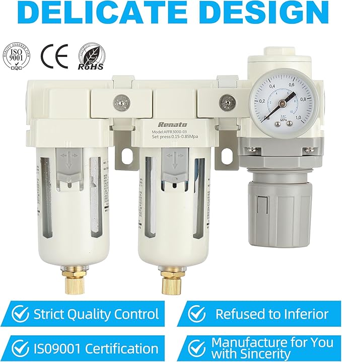 3/8" NPT Three Stage Air Drying System - 5 Micron Particulate Filter Air Pressure Regulator Combo - 0-125psi Gauge, Semi-Auto Drain, Metal Bracket