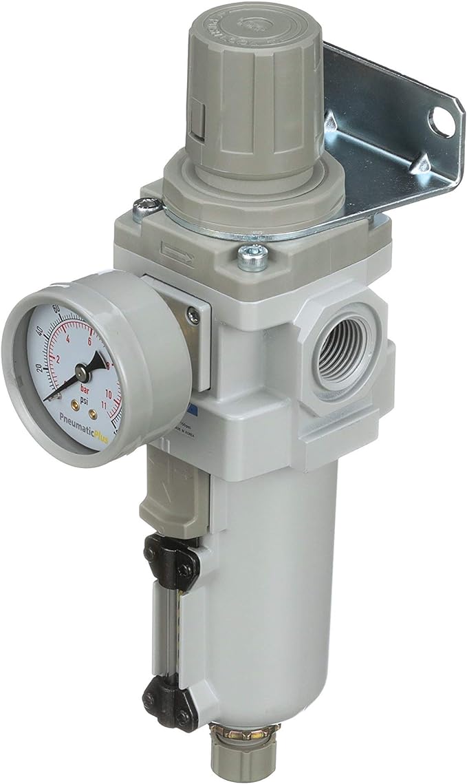 PneumaticPlus SAW400-N04BG-MEP Compressed Air Filter Regulator Piggyback Combo 1/2" NPT - Metal Bowl, Manual Drain, Bracket, Gauge