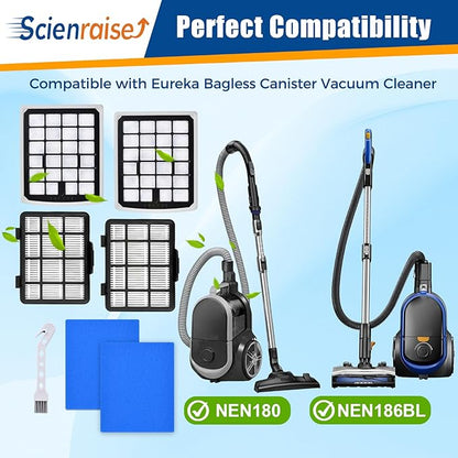 NEN180 Filter Replacement Compatible with Eureka NEN180 NEN186BL Bagless Canister Vacuum Cleaner Replacement Parts, 2 HEPA Filters & 2 Dust Cup Filters Element, 4 Pack