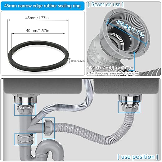 6PCS Kitchen Sink Filter Sealing Ring, Narrow Edge Rubber Gasket for Drain Pipe, Waste Pipe Gasket, 1-1/2 inch Drain Pipe Sink Odor Collector Siphon, 1.5-inch Inclined Sliding Joint Rubber Ring