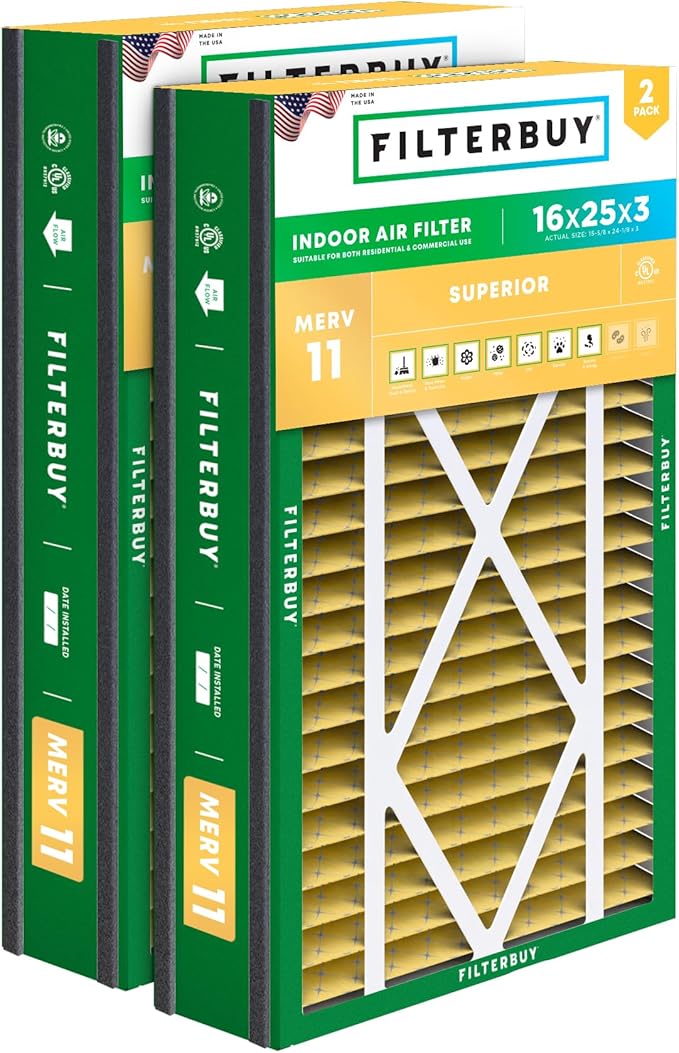Filterbuy 16x25x3 Air Filter MERV 11 Superior Pet & Allergy Defense (2-Pack), Electrostatic Pleated HVAC AC Furnace Filters for Trion Air Bear, Lennox X0581 & More (Actual Size: 15.63 x 24.13 x 3.00)