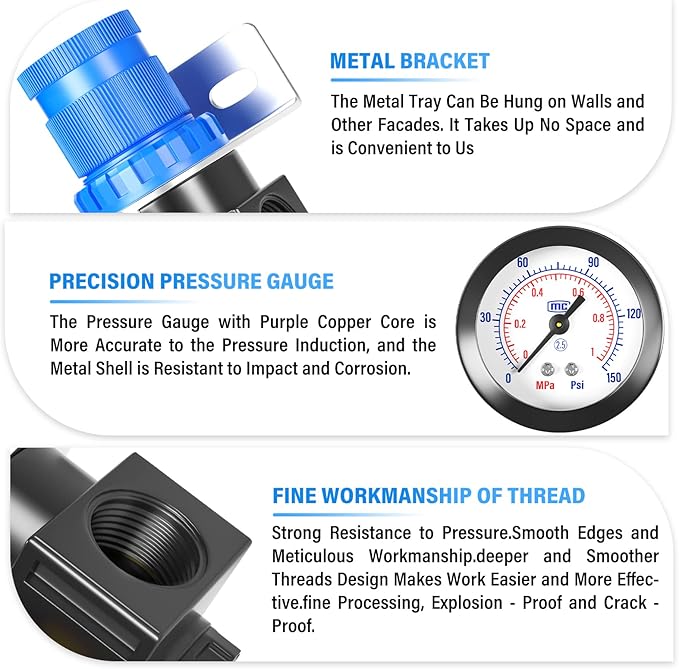 TAILONZ PNEUMATIC 5-in-1 1/4 Inch NPT AR2000 Mini Pressure Regulator Kit for Compressed Air Systems, Adjust 0 to 145 Psi