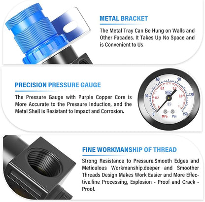 TAILONZ PNEUMATIC 5-in-1 1/4 Inch NPT AR2000 Mini Pressure Regulator Kit for Compressed Air Systems, Adjust 0 to 145 Psi