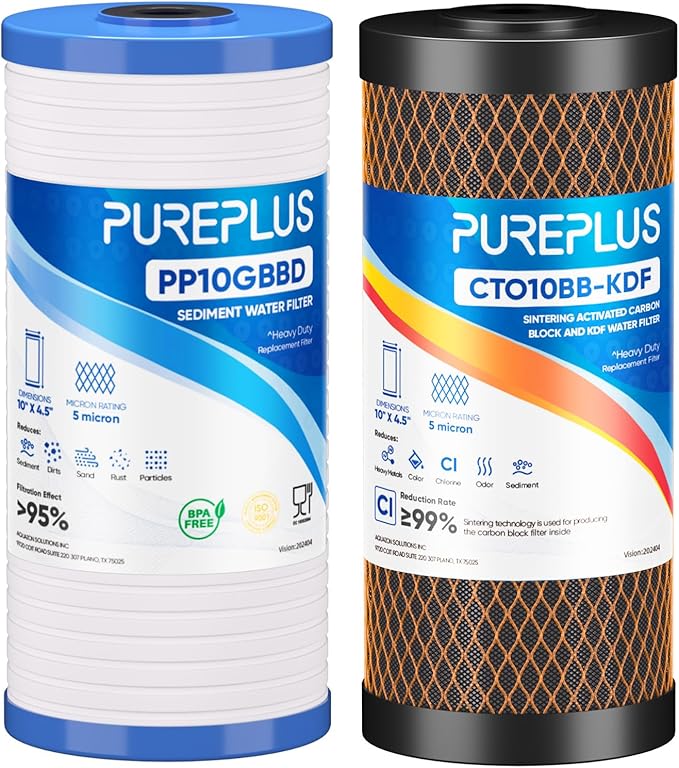 PUREPLUS 5 Micron 4.5" x 10" Whole House Water Filter Combo Kit with Grooved Sediment, KDF & Activated Carbon Block Filter, Replacement for AP810, AP811, WFHDC8001, CB-BB-10, FXHTC, GXWH40L,1PACK