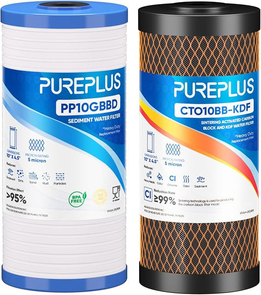 PUREPLUS 5 Micron 4.5" x 10" Whole House Water Filter Combo Kit with Grooved Sediment, KDF & Activated Carbon Block Filter, Replacement for AP810, AP811, WFHDC8001, CB-BB-10, FXHTC, GXWH40L,1PACK