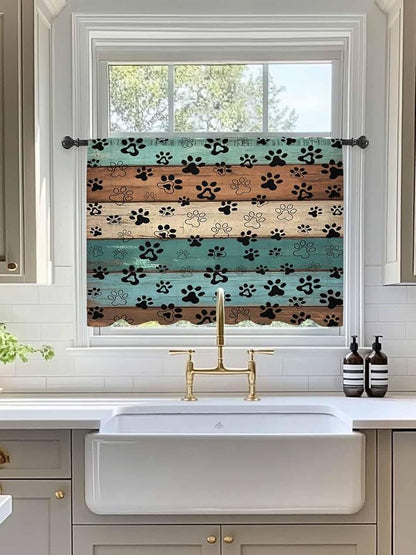 Sheer Curtains 45 Inch Length, Green Brown Paw Print Semi Sheer Curtains Light Filtering Window Treatment, Vintage Farmhouse Country Wooden Grain Privacy Voile Drapes for Living Room 52x45 Inch
