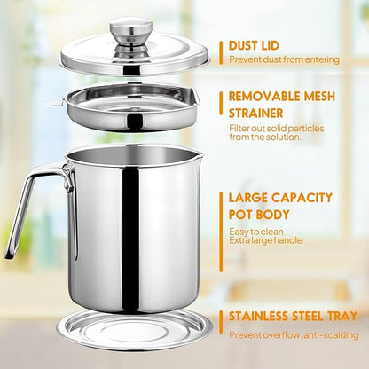 Chihee Grease Container Stainless Steel Bacon Grease Saver with Fine Mesh Strainer 2L / 67.6 fl oz Oil Container Grease Can with Dust-proof Lid Non-slip Tray for Kitchen Storing Frying Cooking Grease