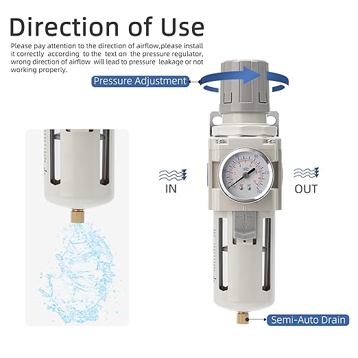 Air Compressor Water Separator Filter 3/4" NPT 0-150 PSI,Compressed Filter Regulator Combo,Poly Bowl,Semi-Auto Drain