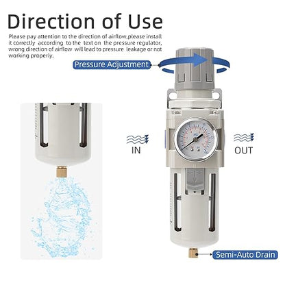 Industrial Air Compressor Filter Regulator Combo 3/8" NPT 0-150 PSI w/Semi-Auto Drain,5 Micron Water Separator for Pneumatic Tools