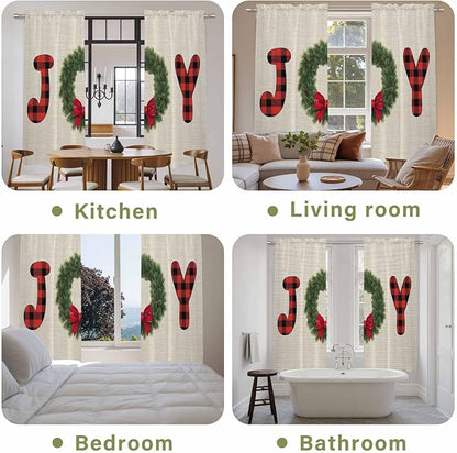 Red Green Christmas Window Curtains 72 Inch Long 2 Panel Set, Rod Pocket Long Curtains & Drapes, Farmhouse Xmas Botanical Winter Light Filtering Window Treatment for Bedroom Living Room 52"W x 72"L