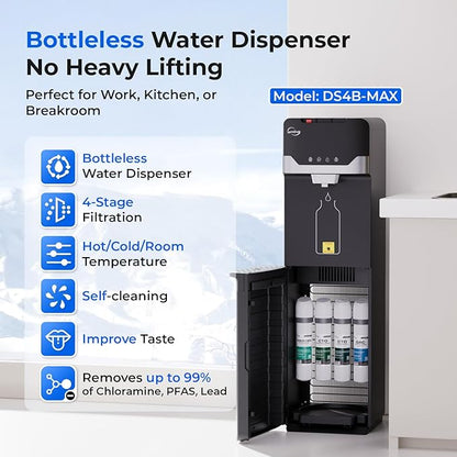 iSpring Bottleless Water Cooler Dispenser with 4-Stage Filtration, SGS-Tested 99% of PFAS, Lead, Chloramine Removal, Hot, Cold, Room Temp, Stainless Steel, Black, Model: DS4B-MAX