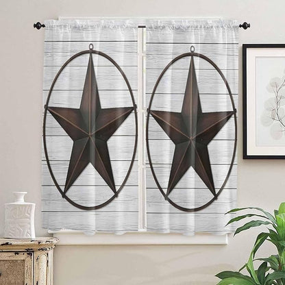 Vintage Farm Western Star Window Valance Curtains, White Wood Grain Light Filtering Kitchen Valance with 3-inch Rod Pocket for Living Room Bathroom Bedroom,2 Panel,42x63In