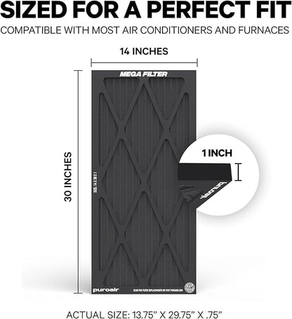 PuroAir MegaFilter - 14x30x1 Air Filter MERV 13 Activated CarbonTech Defense - Heavy Duty 3 Layer Furnace Filters Allergens, Pollen, Dust, Pet Dander, Smoke, Odors - HVAC Air Filter 14x30x1 (1-Pack)