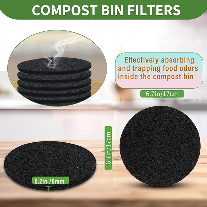 6.7 inch Kitchen Compost Bin Charcoal Filter Replacements, 12 Pack Compost Pail Replacement Carbon Filters 6.7 inch, Round Activated Compost Filters Countertop Bin Bucket