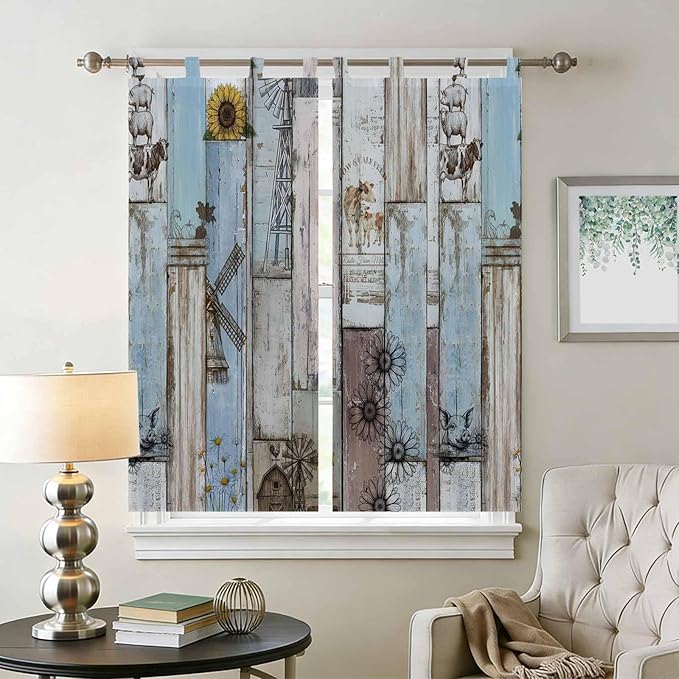 Blue Grey Wooden Living Room Curtains 84 Inch Length, Window Curtains Tab Top, Farmhouse Barn Sunflowers Retro Light Filtering Window Treatments Drapes 42"x84" 2 Panel