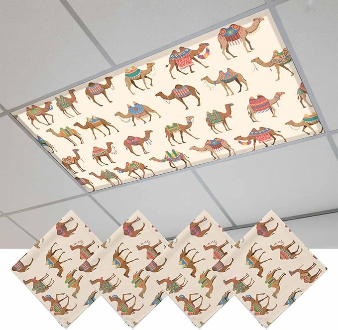 Fluorescent Light Covers for Ceiling Lights Desert Camel Magnetic Light Filters 4 Pack 4x2 ft Vintage Southwest Date Trees Ceiling Lights Cover for Classroom Office School Home Drop Lamp Decor