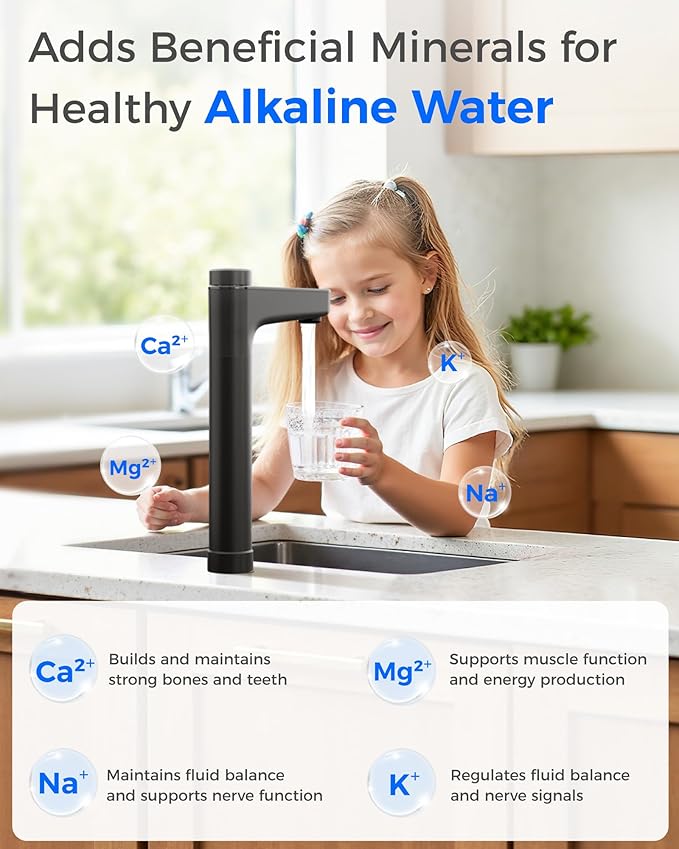 Waterdrop X12-Alkaline Mineral pH+ Tankless Reverse Osmosis System, NSF/ANSI 42&58&372 Certified, 1200 GPD RO Water Filter System, 11-Stage Filtration, 3:1 Pure to Drain, UnderSink, Black Faucet
