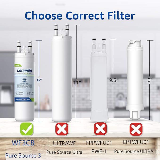 WF3CB Replacement Water Filter, Compatible with Frigidaire WF3CB, Pure Source 3, 706465, 242069601, 242086201, 242017800, WF425, Height 9 inches, Pack of 2